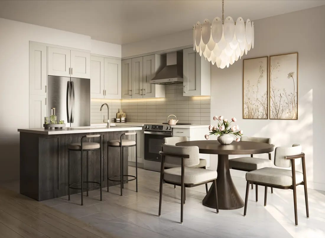 Artist’s concept of an open Cornerstone kitchen and dining area